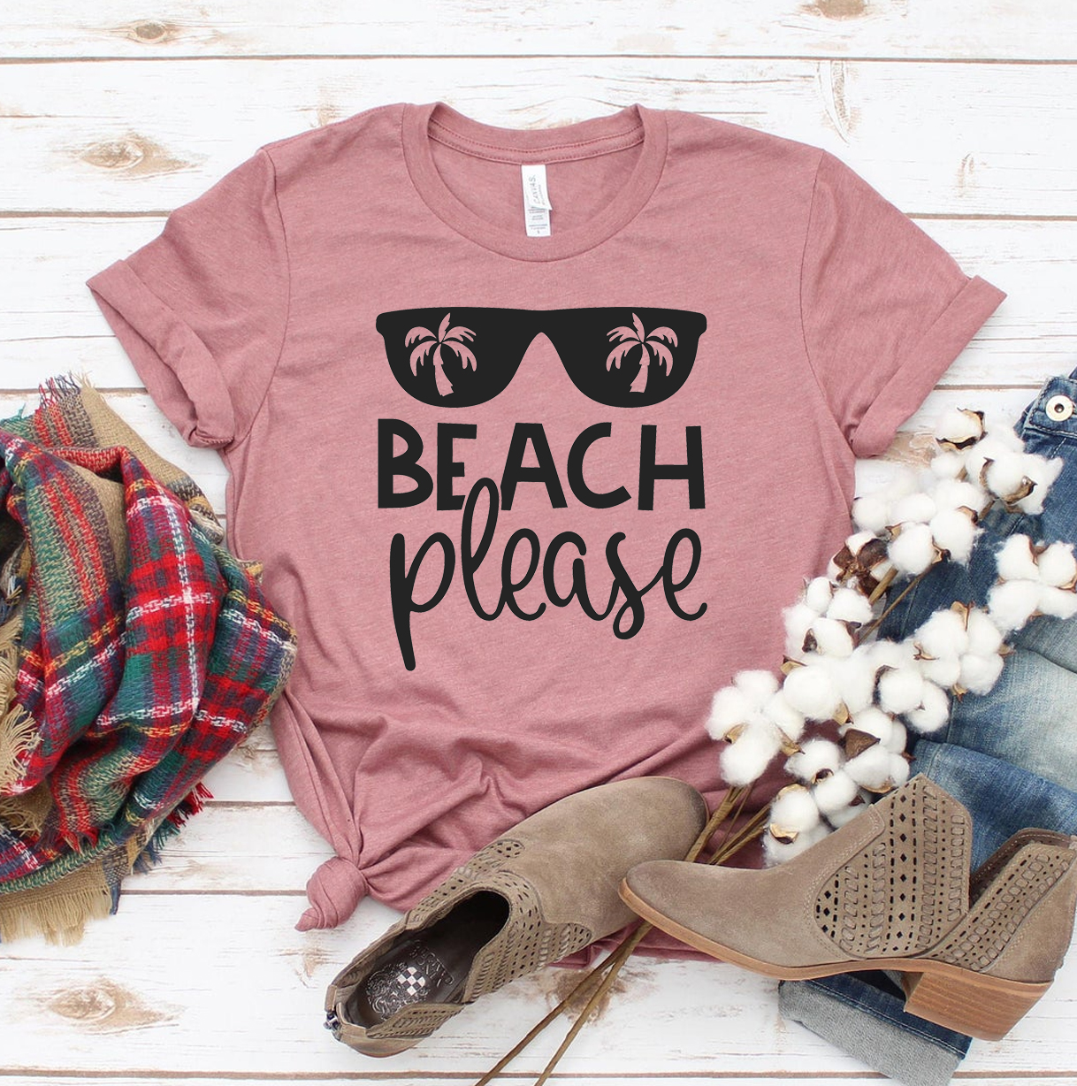 Beach Please T-shirt made of premium ring spun cotton, featuring a vibrant print and available in various sizes.