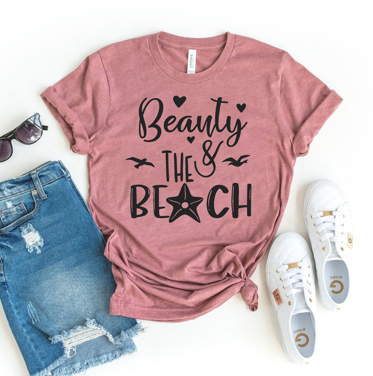 Beauty & The Beach T-shirt made of premium ring spun cotton, featuring a vibrant flex print design, available in various sizes.