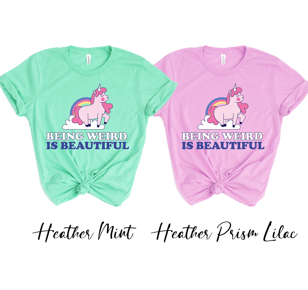 A stylish unisex t-shirt featuring the phrase 'Being Weird Is Beautiful' in vibrant colors on a soft cotton fabric.