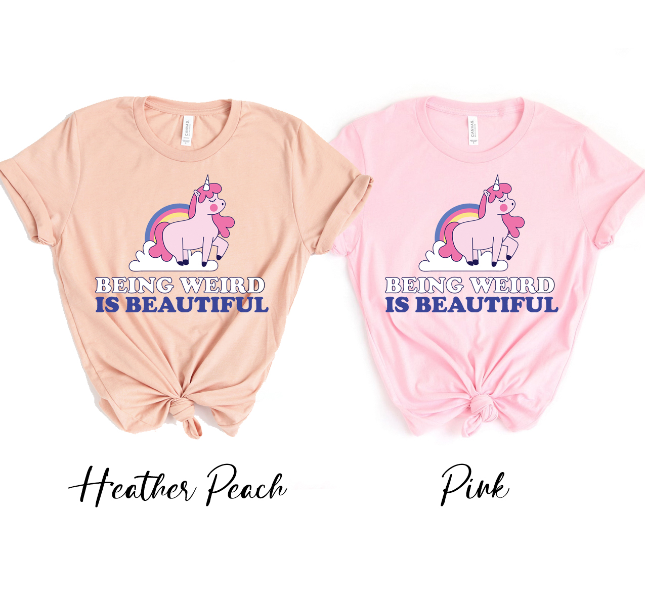 A stylish unisex t-shirt featuring the phrase 'Being Weird Is Beautiful' in vibrant colors on a soft cotton fabric.