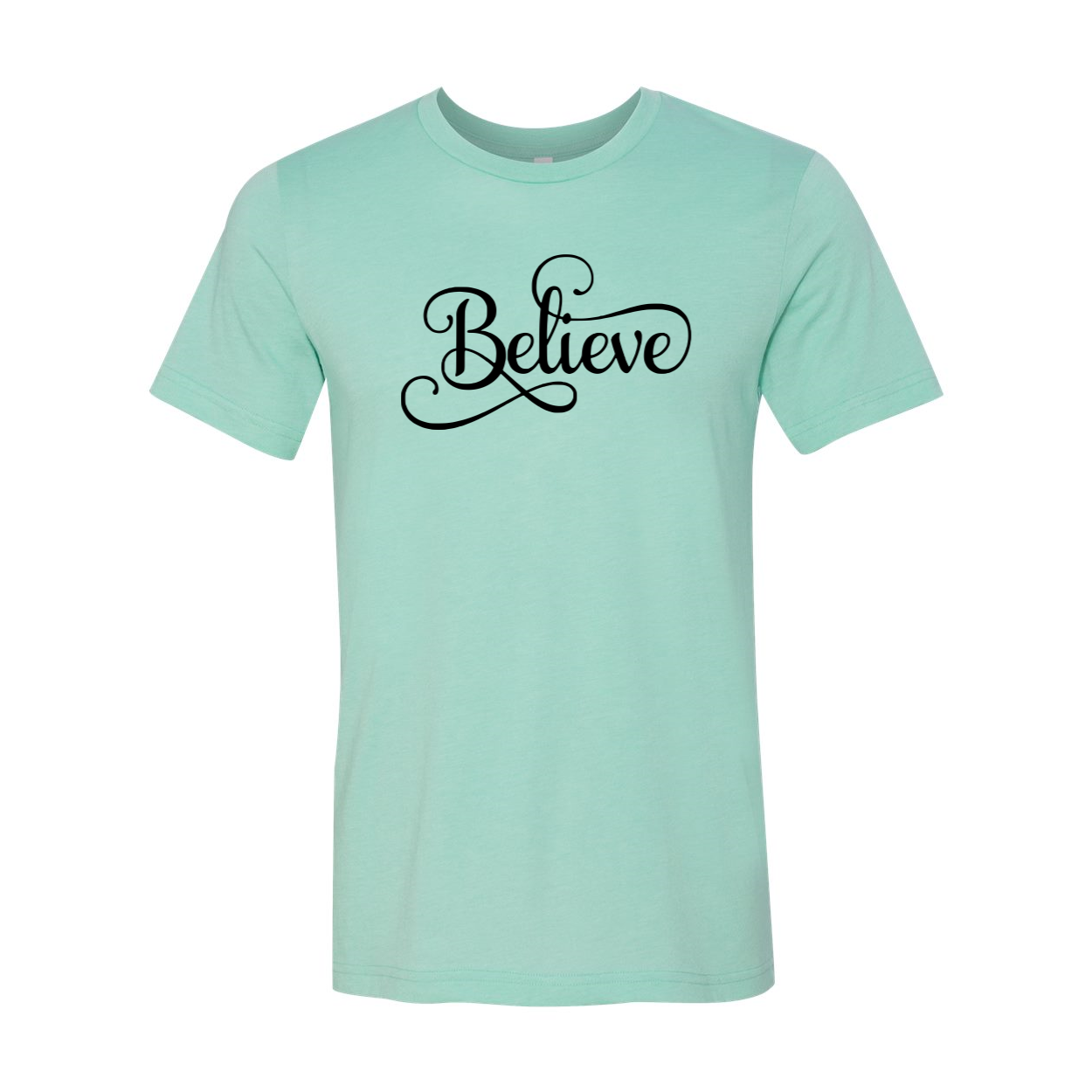 A stylish Believe Shirt made from soft airlume combed cotton, showcasing its unisex design and various color options.