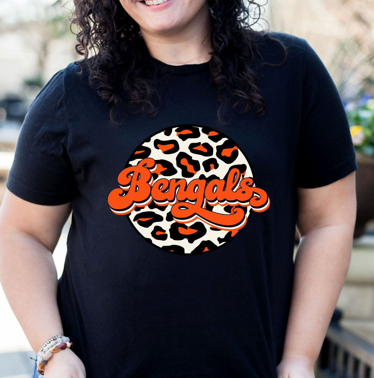Bengals Retro Leopard Circle Unisex T-shirt featuring a vibrant leopard print design, perfect for fans.