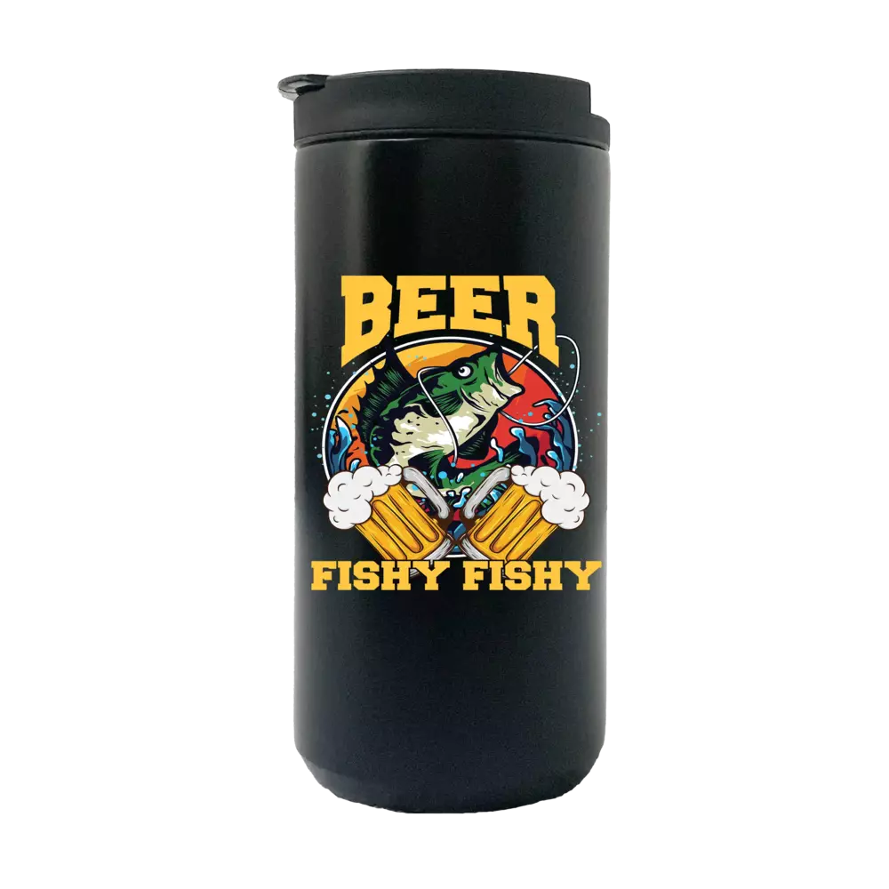 Beer Fishy Fishy 2 14oz insulated coffee tumbler in stainless steel with a splash-proof lid and UV printed design.
