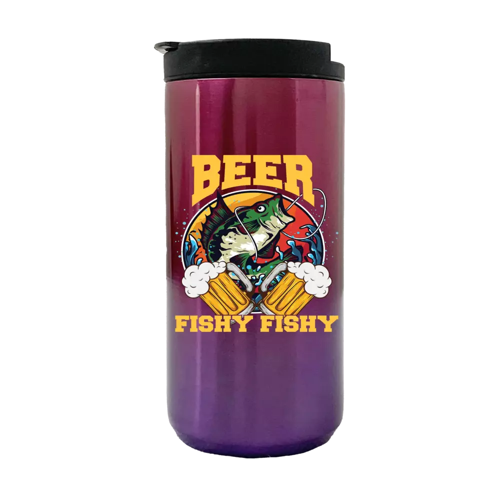 Beer Fishy Fishy 2 14oz insulated coffee tumbler in stainless steel with a splash-proof lid and UV printed design.