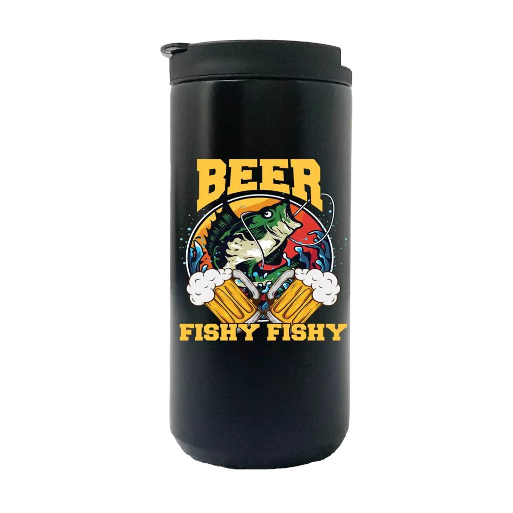 Beer Fishy Fishy 2 14oz insulated coffee tumbler in stainless steel with a splash-proof lid and UV printed design.