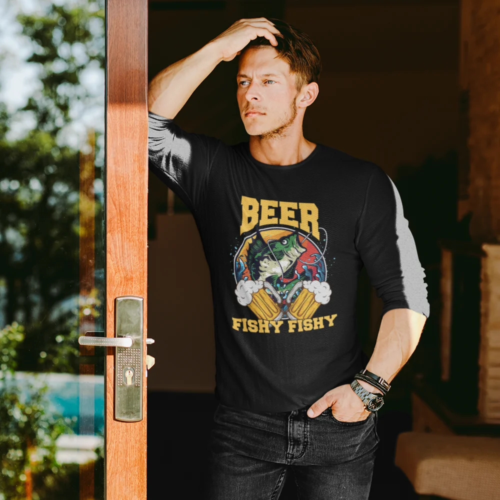 Beer Fishy Fishy 2 Men Long Sleeve Shirt featuring a unique design and comfortable fit, perfect for casual outings.