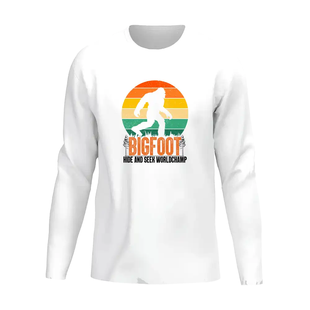 Men's long sleeve shirt featuring a unique Bigfoot Hide And Seek design, perfect for casual wear and conversation starters.