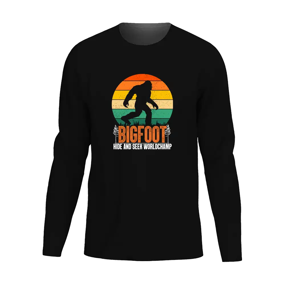 Men's long sleeve shirt featuring a unique Bigfoot Hide And Seek design, perfect for casual wear and conversation starters.
