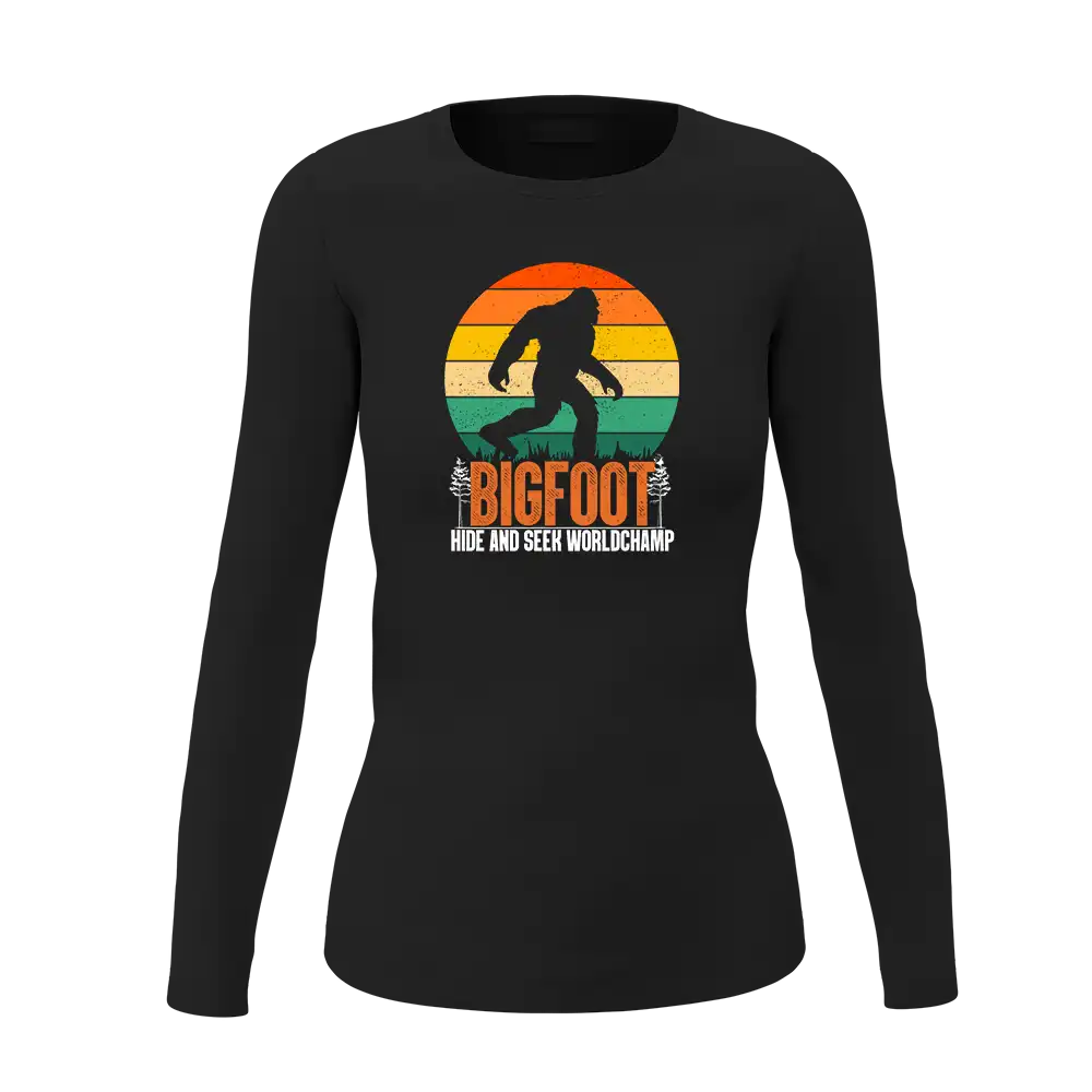 Bigfoot Hide And Seek Women Long Sleeve Shirt featuring a unique design, soft fabric, and semi-fitted style, perfect for casual wear.