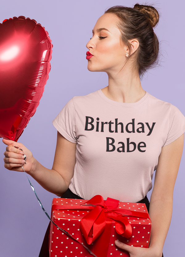 Birthday Babe Pink Women T-shirt made from soft ringspun cotton, featuring a stylish design perfect for birthday celebrations.