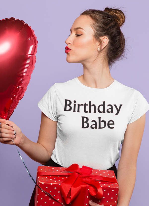 Birthday Babe White Women T-shirt made from soft ringspun cotton, featuring a stylish design perfect for birthday celebrations.