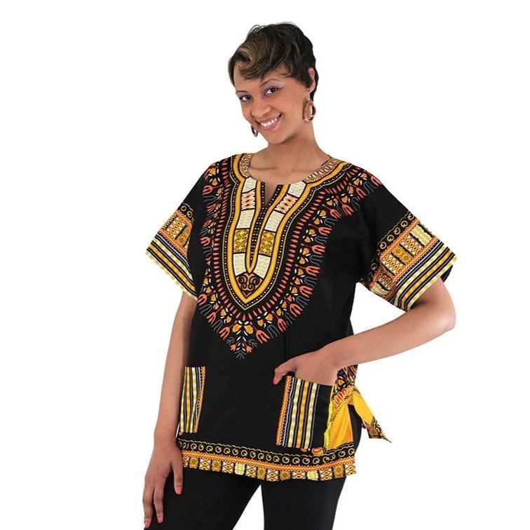 Black Dashiki African Shirt - Sunrise made from 100% cotton, featuring vibrant patterns on both sides.