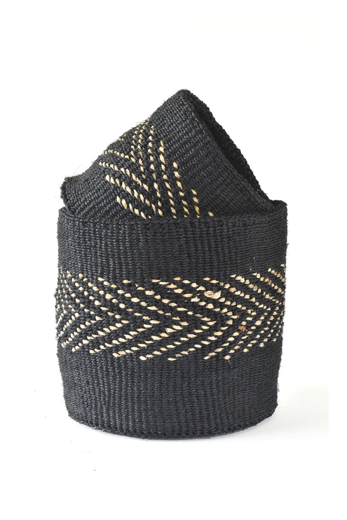 A set of two handwoven black sisal African planter and storage baskets, showcasing intricate patterns and natural fibers.
