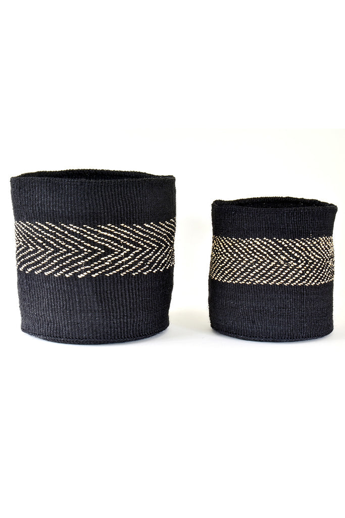 A set of two handwoven black sisal African planter and storage baskets, showcasing intricate patterns and natural fibers.