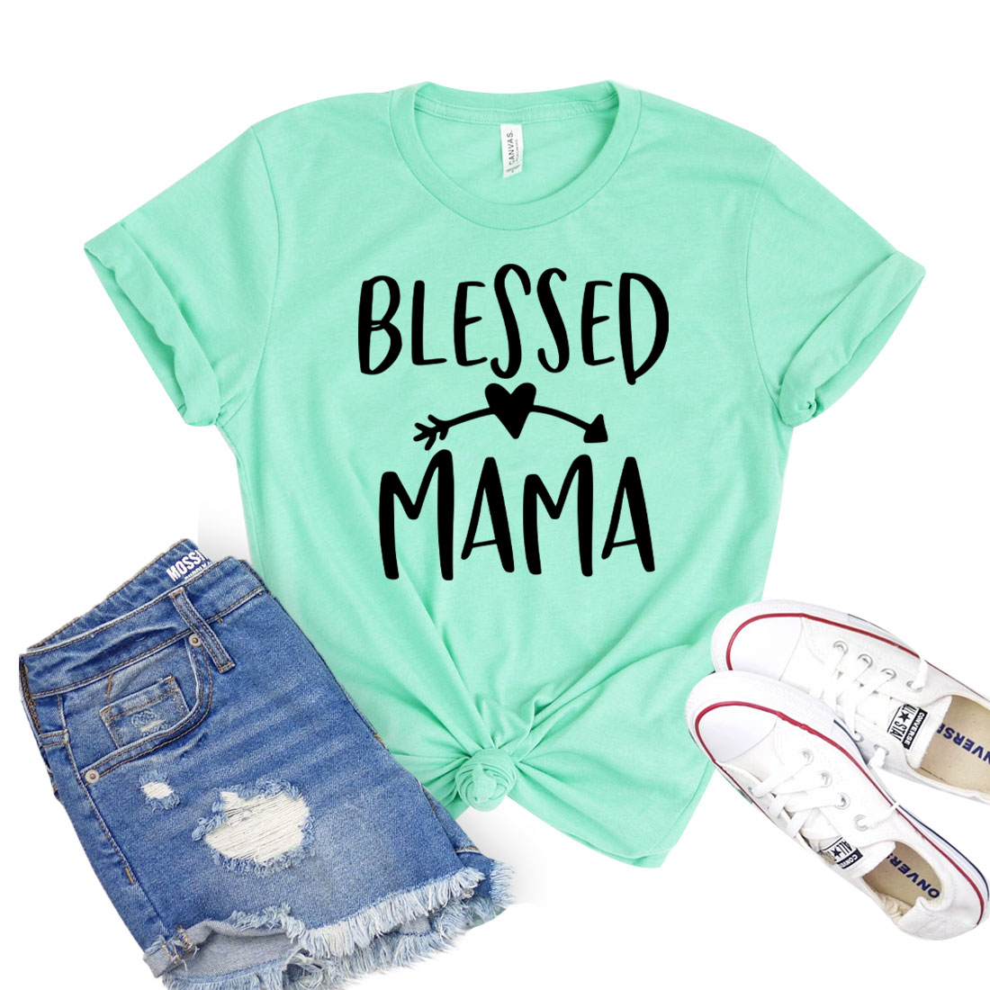 Blessed Mama T-shirt in soft airlume cotton, featuring a classic unisex design and available in various sizes.