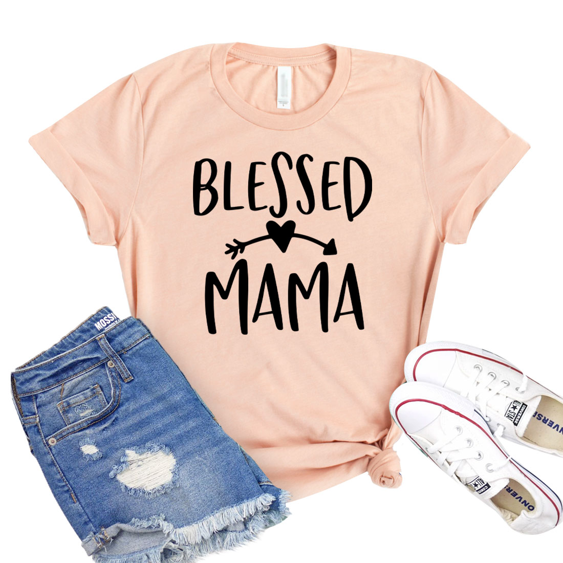 Blessed Mama T-shirt in soft airlume cotton, featuring a classic unisex design and available in various sizes.