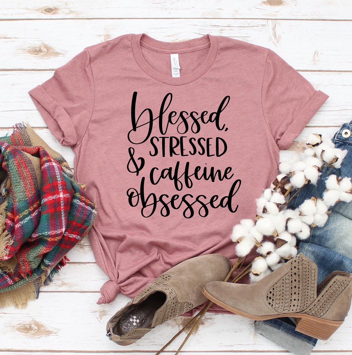 Blessed Stressed T-shirt made of premium ring spun cotton with a stylish flex print design.
