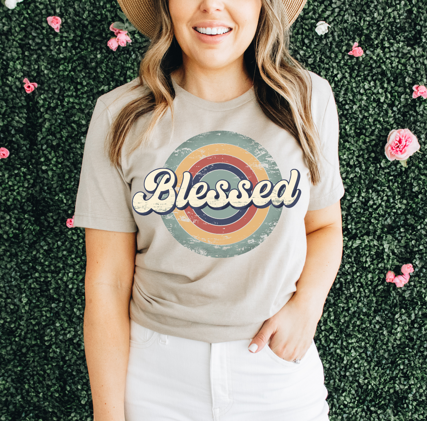 A stylish Blessed T-shirt made from premium ring spun cotton, featuring a soft textile flex print design.