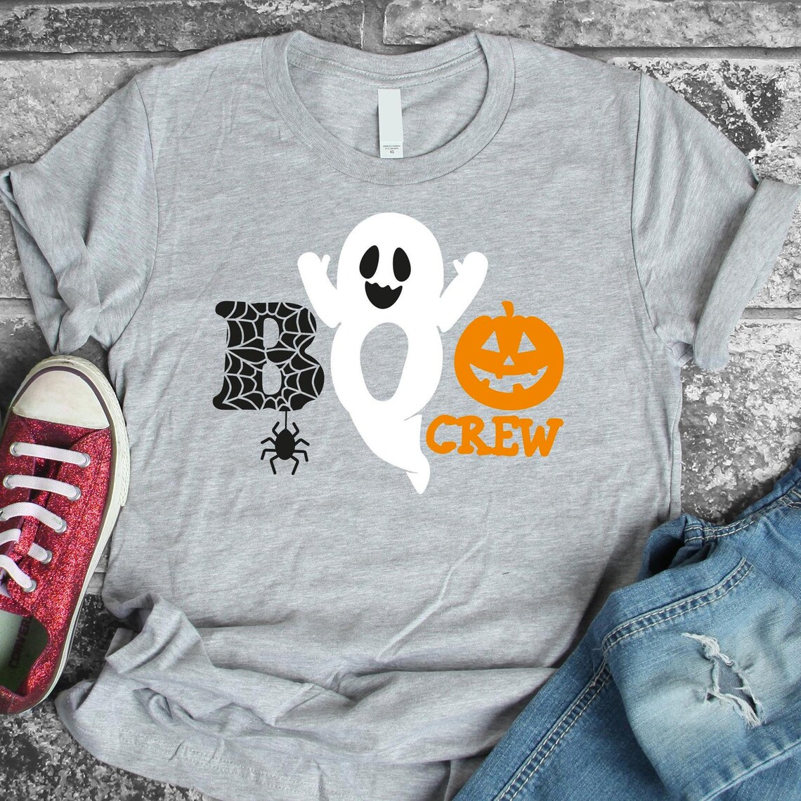 Boo Crew T-shirt made of premium ring spun cotton with a stylish flex print design, available in various sizes.