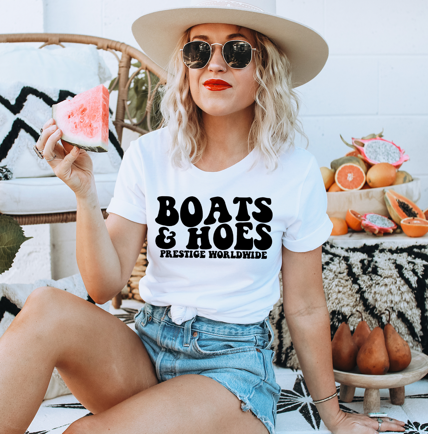 Boats and Hoes Unisex T-shirt featuring a vibrant graphic design, perfect for summer wear.