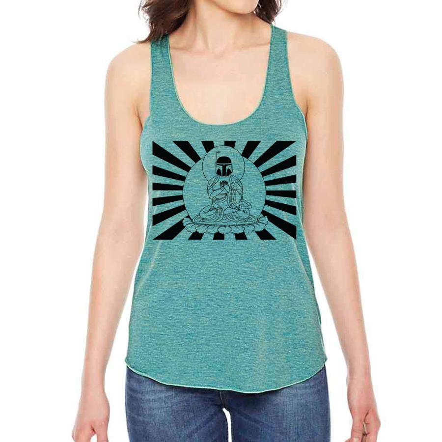 Boba Fett Buddha tank top featuring a unique design combining Boba Fett and Buddha imagery, perfect for Star Wars fans.