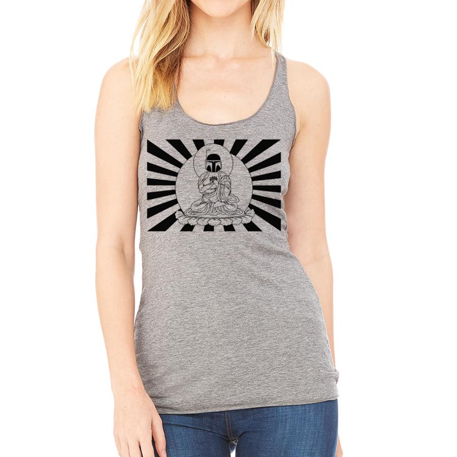Boba Fett Buddha tank top featuring a unique design combining Boba Fett and Buddha imagery, perfect for Star Wars fans.