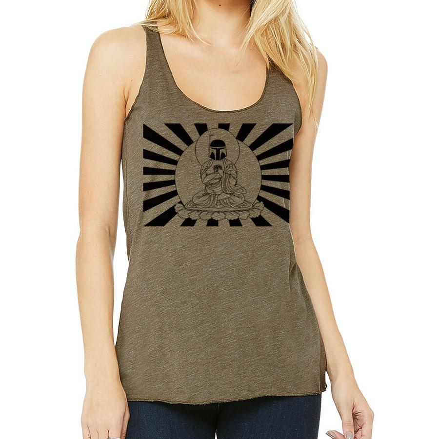 Boba Fett Buddha tank top featuring a unique design combining Boba Fett and Buddha imagery, perfect for Star Wars fans.