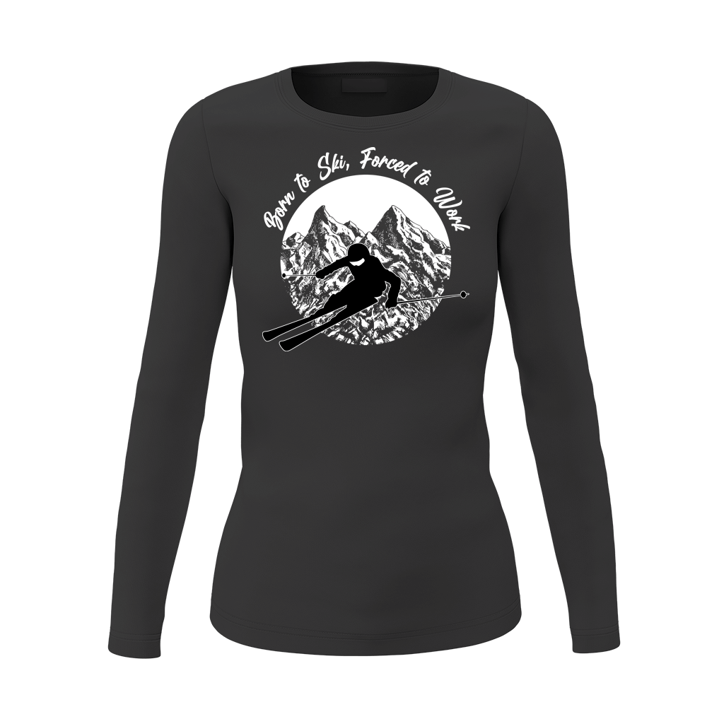 A stylish long sleeve shirt for women featuring a fun skiing design, perfect for casual wear and ski enthusiasts.