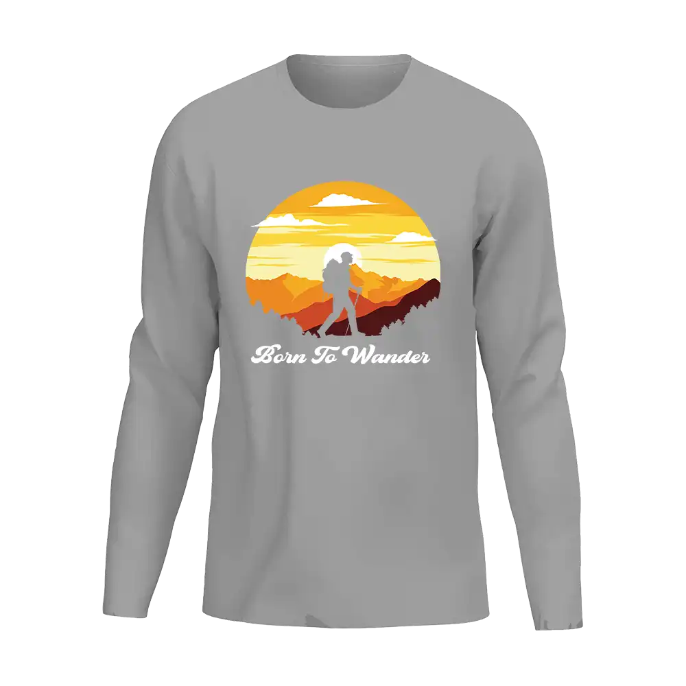 Born To Wander Men Long Sleeve Shirt in classic midweight fabric, featuring a non-topstitched collar and double-needle sleeves.