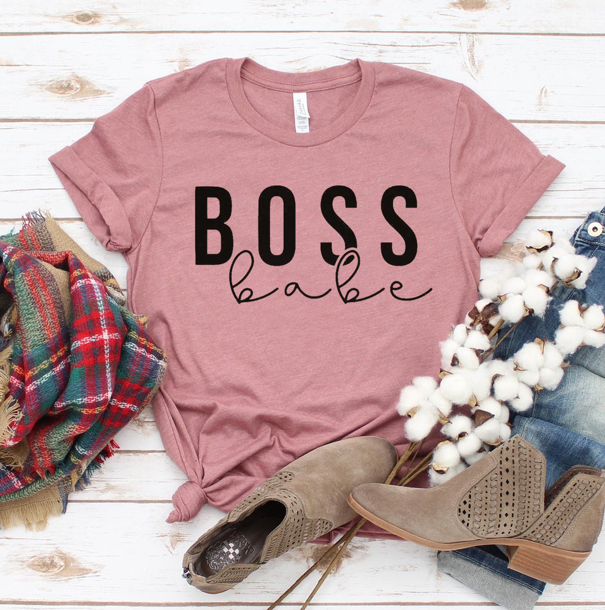 A stylish Boss Babe T-shirt made from premium ring spun cotton, featuring a vibrant flex print design, available in various sizes.