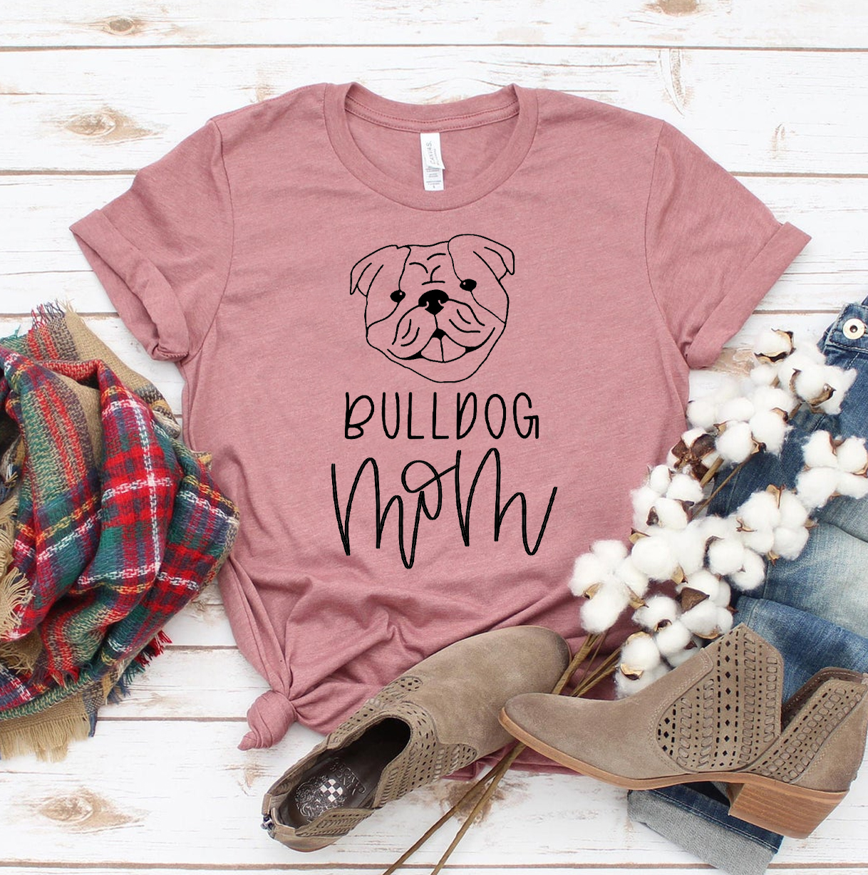 A stylish Bulldog Mom T-shirt made from premium ring spun cotton, featuring a high-quality flex print design.