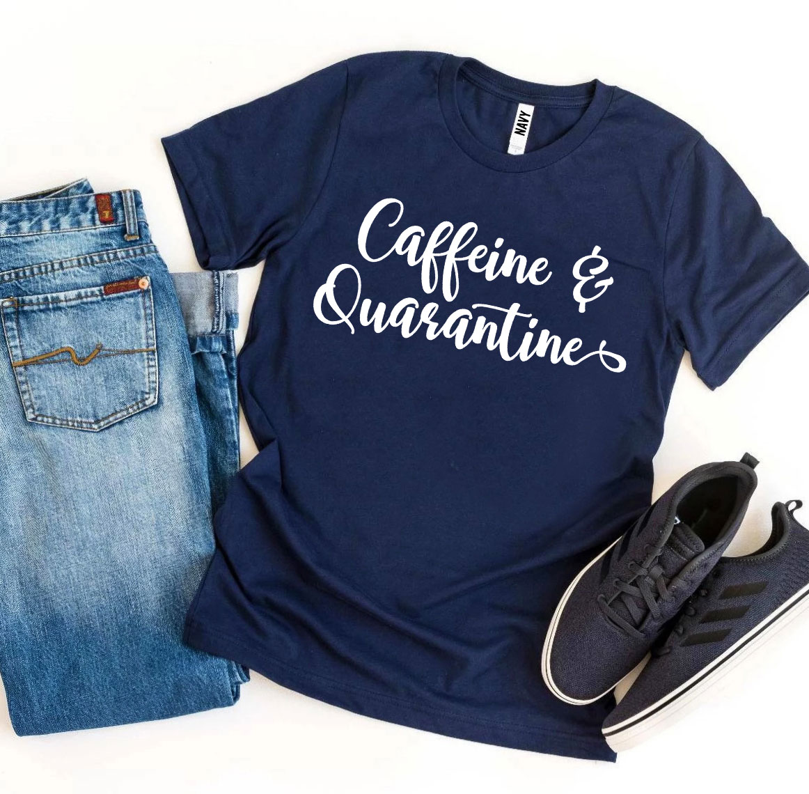Caffeine & Quarantine T-shirt made of soft ring spun cotton with a humorous design, available in various sizes.