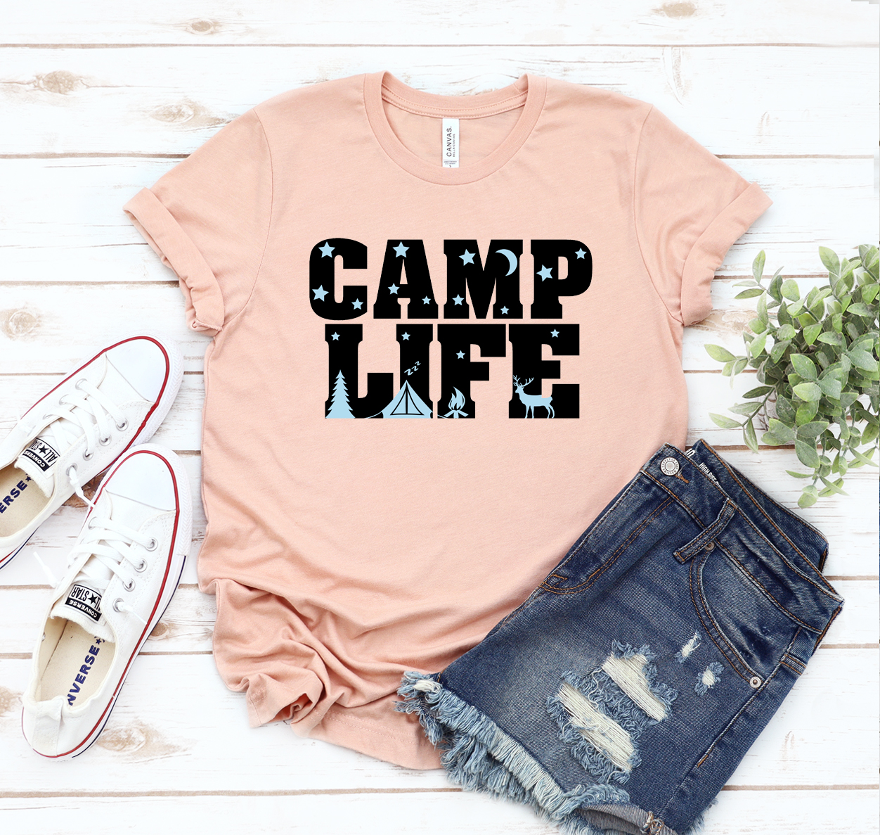 A unisex Camp Life T-shirt made from soft airlume cotton, featuring a classic design suitable for outdoor activities.