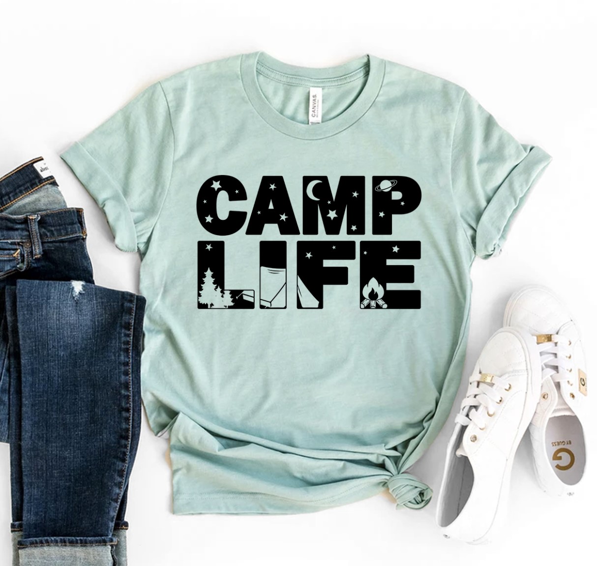 Camp Life T-shirt made from premium ring spun cotton, featuring a high-quality flex print design, available in various sizes.