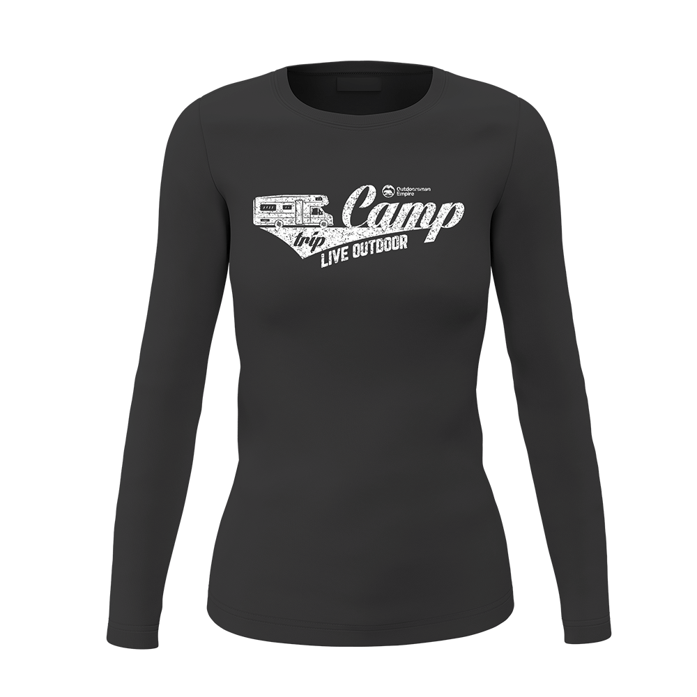A stylish Camp Trip Women Long Sleeve Shirt in vibrant colors, perfect for outdoor activities and casual wear, showcasing its comfortable fit and unique design.