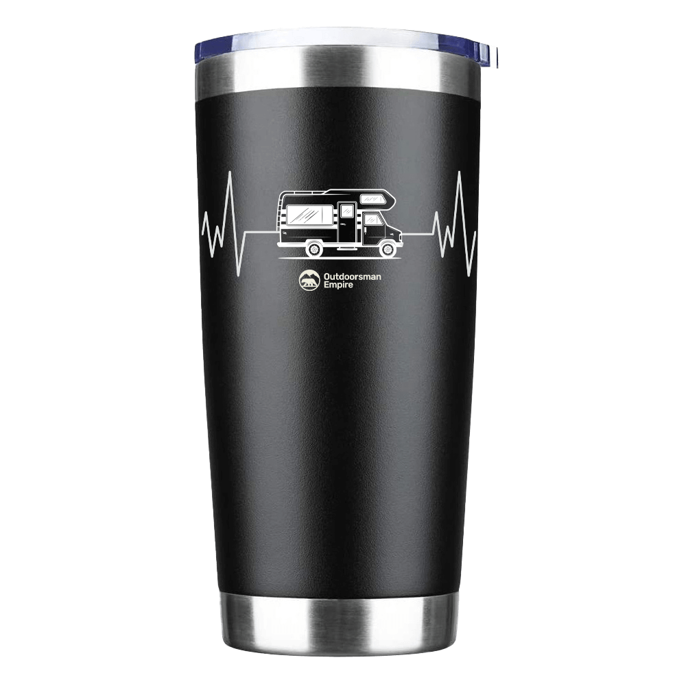 Camping Cardiogram 20oz Insulated Vacuum Sealed Tumbler in stainless steel with UV-printed design, perfect for hot and cold beverages.