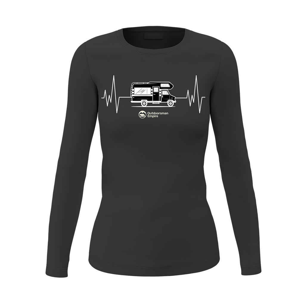A stylish Camping Cardiogram Women Long Sleeve Shirt featuring a unique design, perfect for outdoor activities and casual wear.