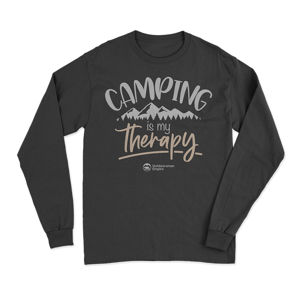 Men's long sleeve shirt featuring 'Camping Is My Therapy' design, made from midweight fabric with a semi-fitted cut.