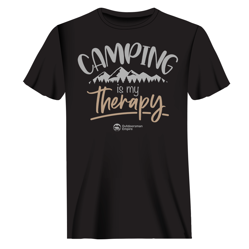 A comfortable unisex t-shirt featuring the phrase 'Camping Is My Therapy', perfect for outdoor enthusiasts.