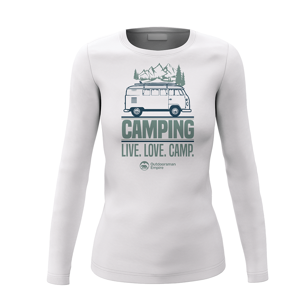 A stylish long sleeve shirt for women featuring the phrase 'Live Love Camp', perfect for outdoor activities and camping.