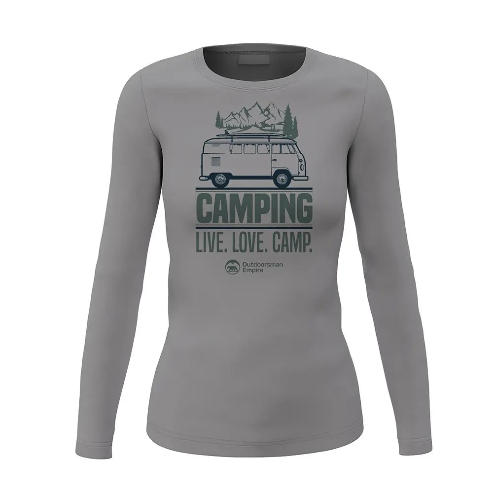 A stylish long sleeve shirt for women featuring the phrase 'Live Love Camp', perfect for outdoor activities and camping.