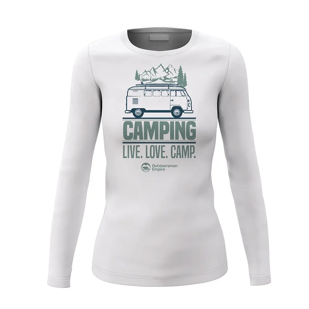 A stylish long sleeve shirt for women featuring the phrase 'Live Love Camp', perfect for outdoor activities and camping.