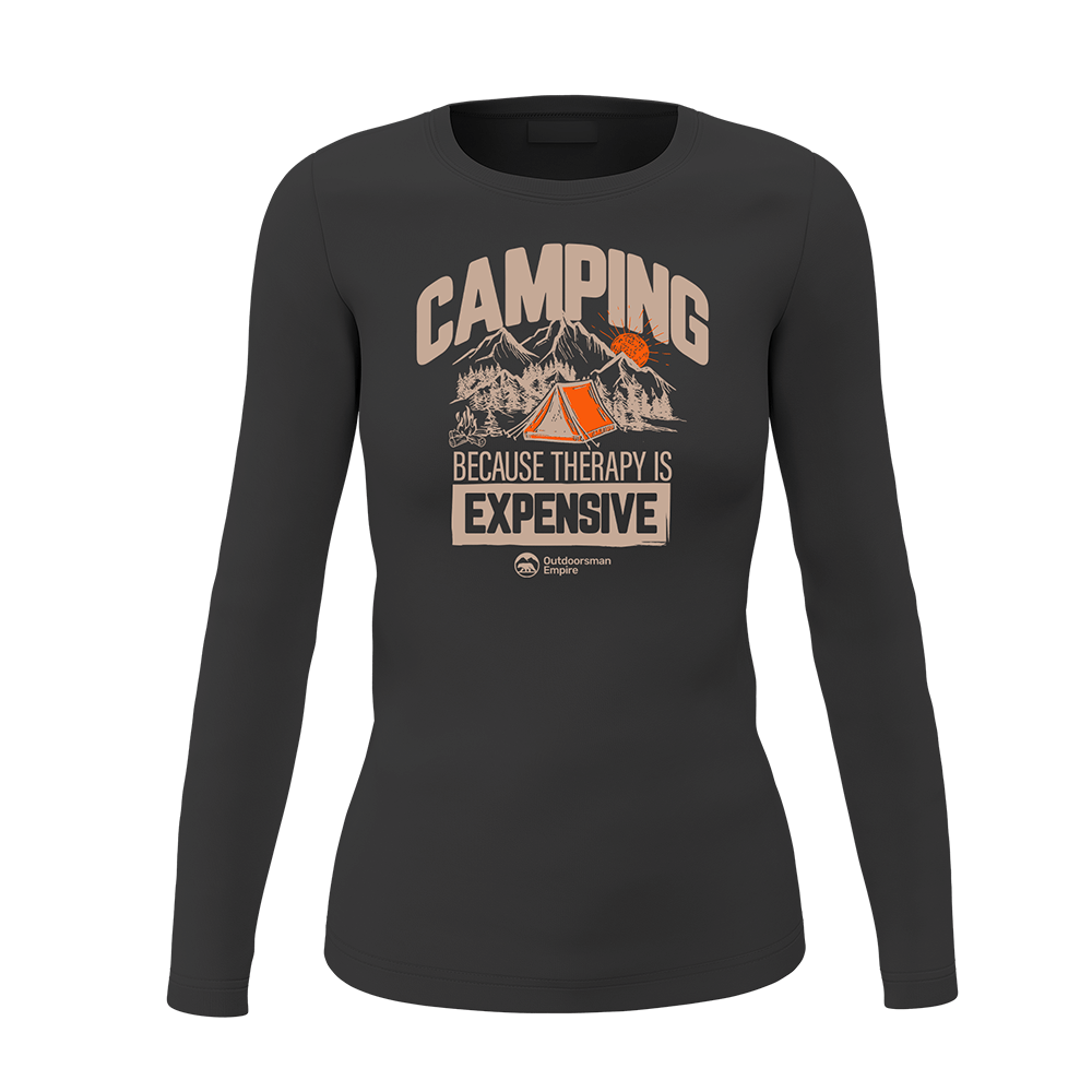 A stylish Camping No Expensive Women Long Sleeve Shirt in a vibrant color, showcasing its classic midweight fabric and semi-fitted design, perfect for outdoor activities.