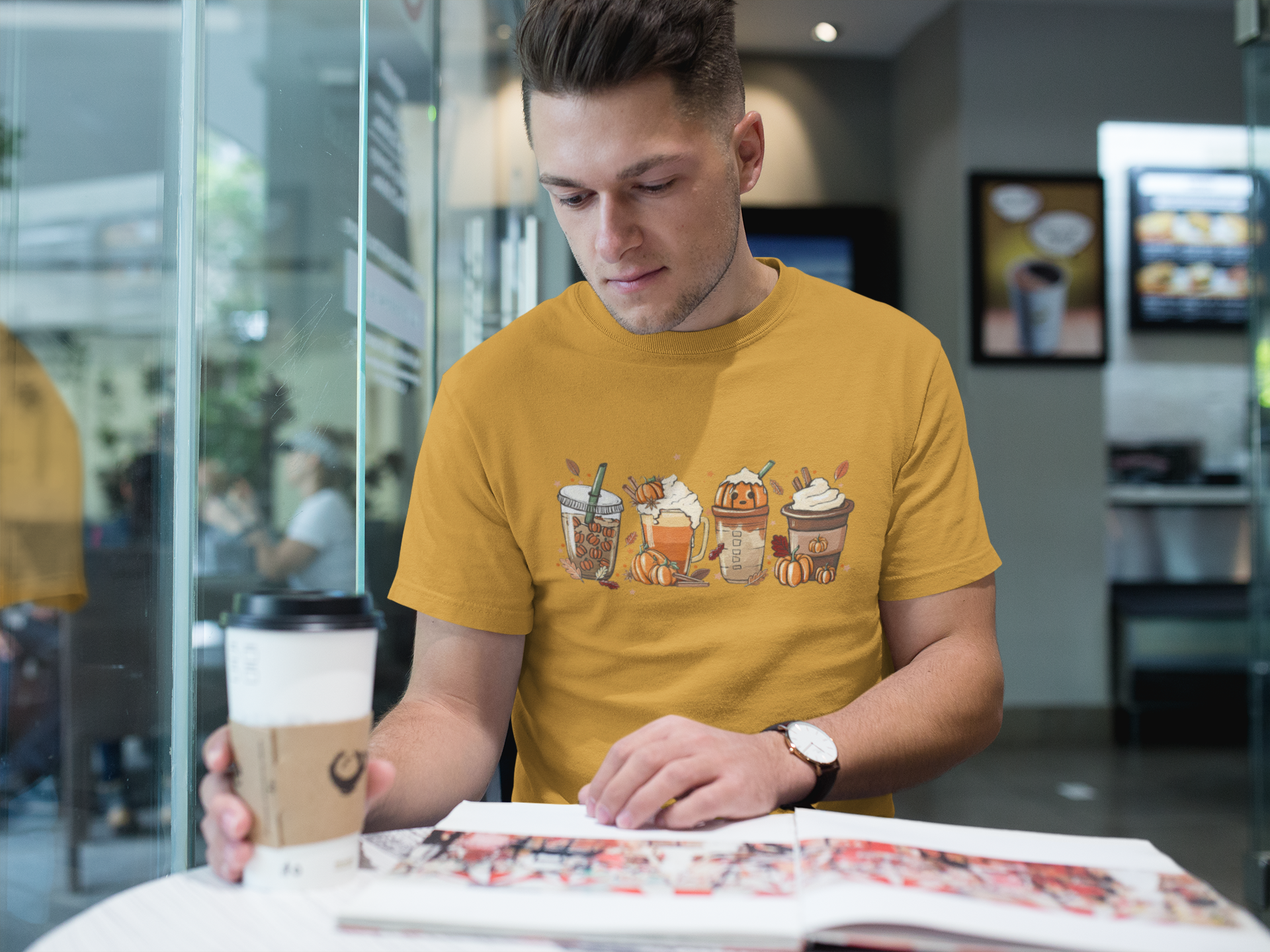 Candy Corn Coffee Unisex T-shirt featuring a vibrant Halloween-themed design with candy corn and coffee graphics.