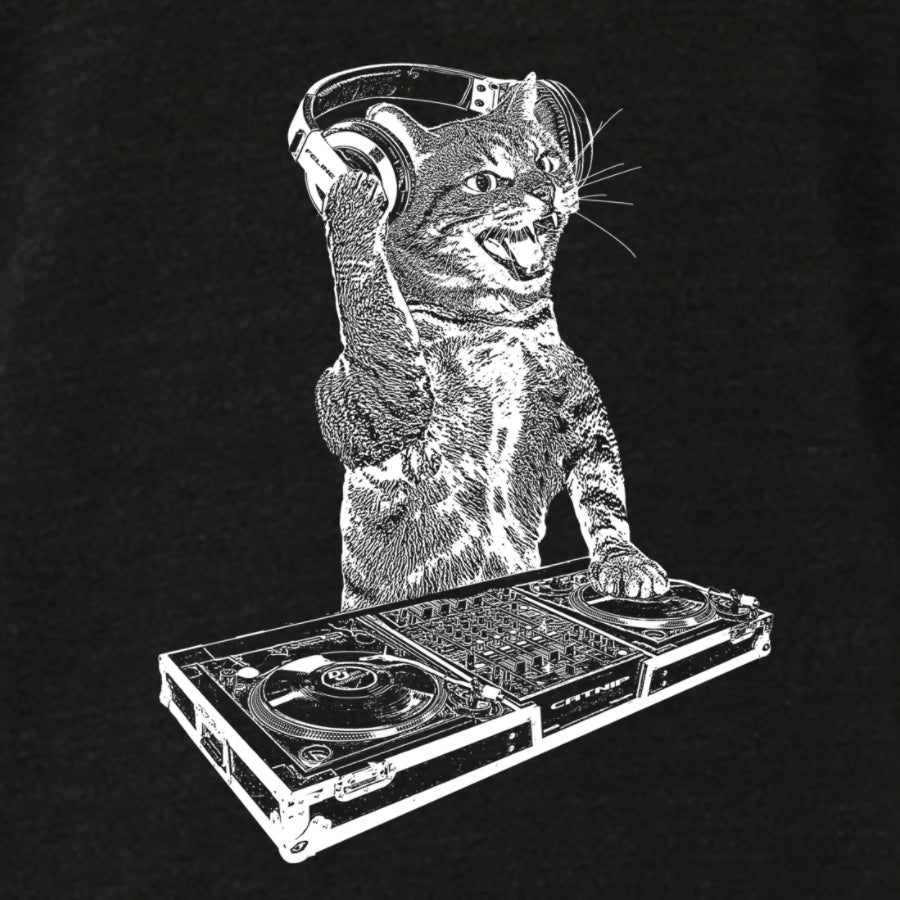 Men's Cat DJ T-shirt featuring a playful kitten as a disc jockey, designed for dance party lovers.
