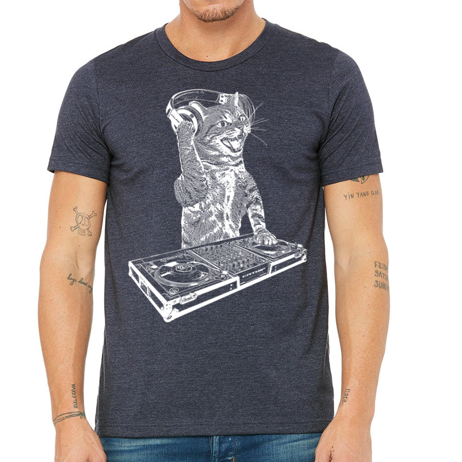 Men's Cat DJ T-shirt featuring a playful kitten as a disc jockey, designed for dance party lovers.