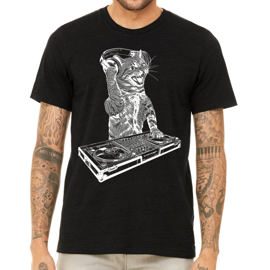Men's Cat DJ T-shirt featuring a playful kitten as a disc jockey, designed for dance party lovers.