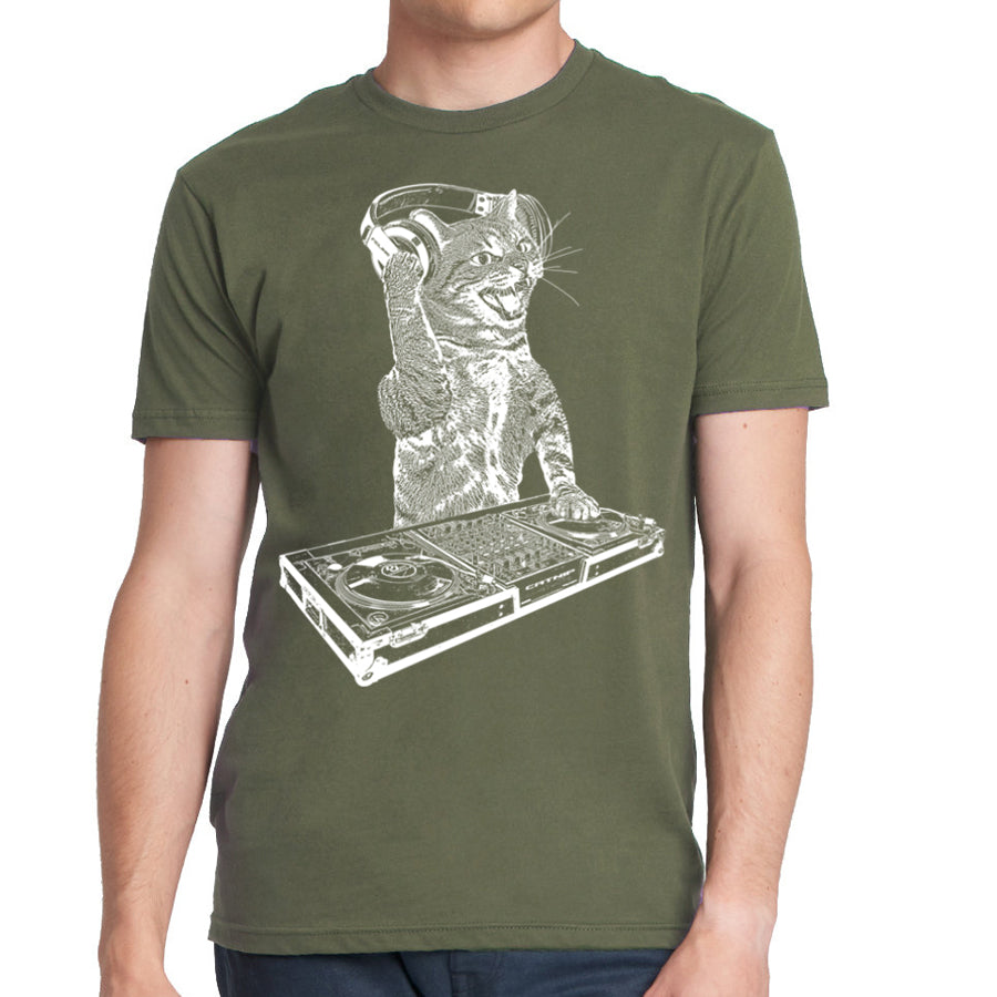 Men's Cat DJ T-shirt featuring a playful kitten as a disc jockey, designed for dance party lovers.