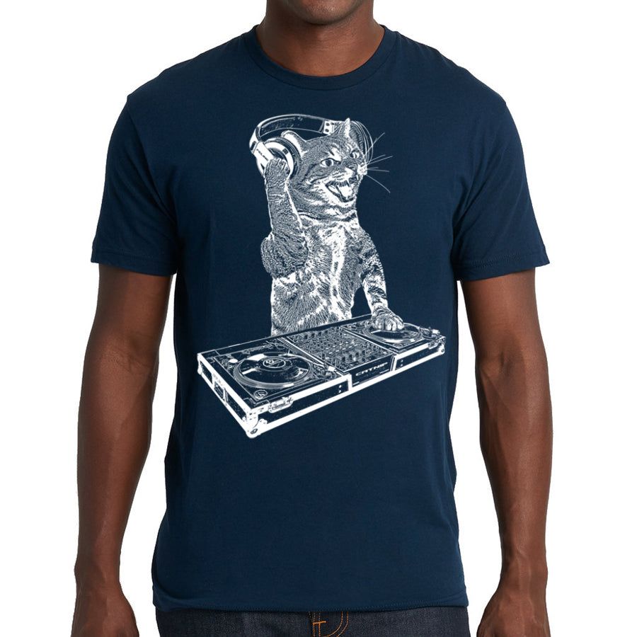 Men's Cat DJ T-shirt featuring a playful kitten as a disc jockey, designed for dance party lovers.