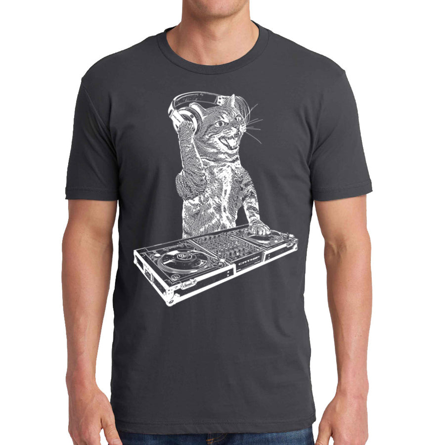 Men's Cat DJ T-shirt featuring a playful kitten as a disc jockey, designed for dance party lovers.